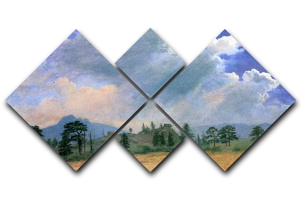 A beautiful 4-square multi-panel canvas artwork depicting fir trees and storm clouds, inspired by Bierstadt's landscape painting.